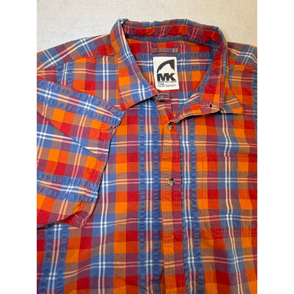Mountain Khakis Mens XL Orange Blue Plaid Textured Cotton Short Sleeve Shirt